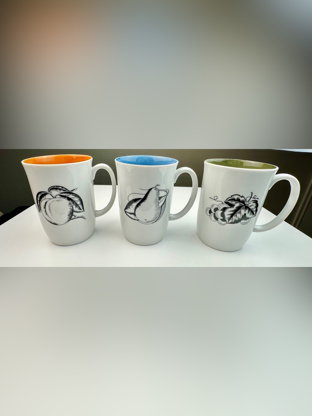 Vintage Neiman Marcus Fruit Mugs Set 3 Peach Pear Grapes Colorful Porcelain Cups